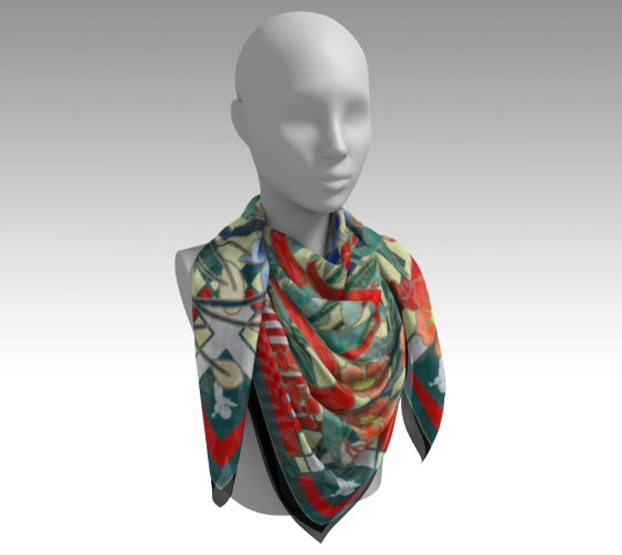 Mannequin wearing a colorful scarf on a gray background