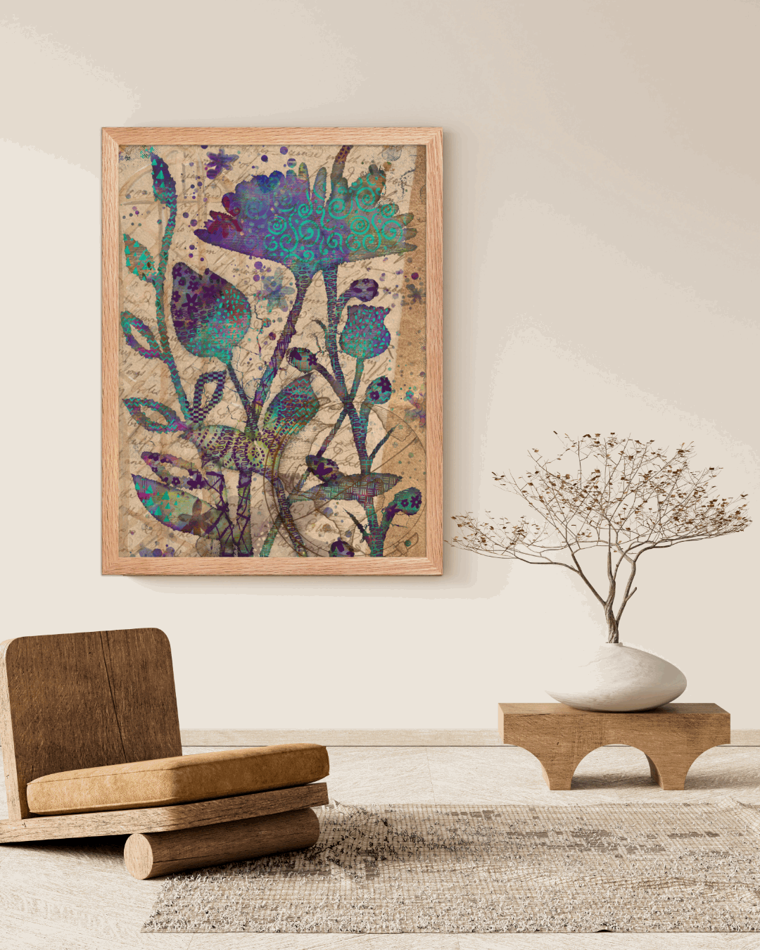 (Wall Decor) Vintage Mixed Media Botanical Art Framed