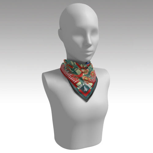 Mannequin wearing a colorful scarf on a gray background