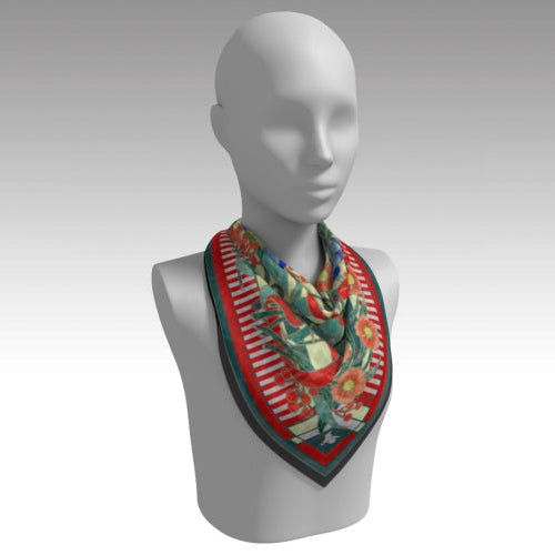 Mannequin wearing a colorful scarf with a floral and abstract design on a gray background