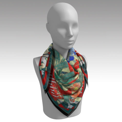 Colorful scarf on a mannequin against a gray background