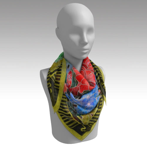 Mannequin wearing a colorful scarf with a geometric pattern on a gray background