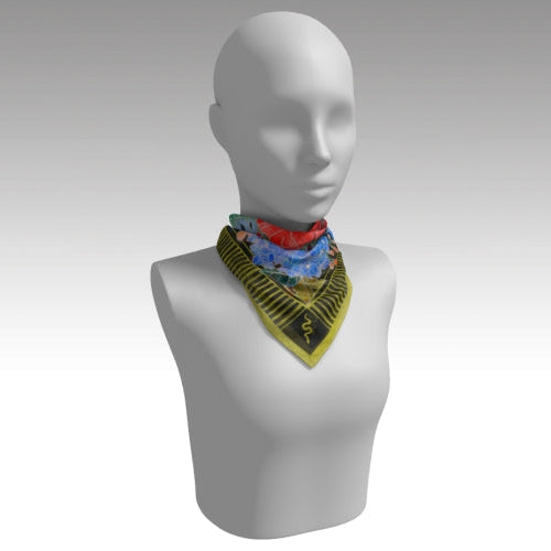 Mannequin wearing a colorful bandana on a plain background