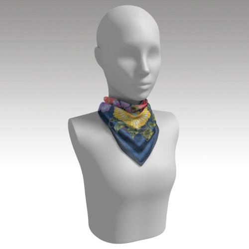 Mannequin wearing a colorful bandana on a plain background