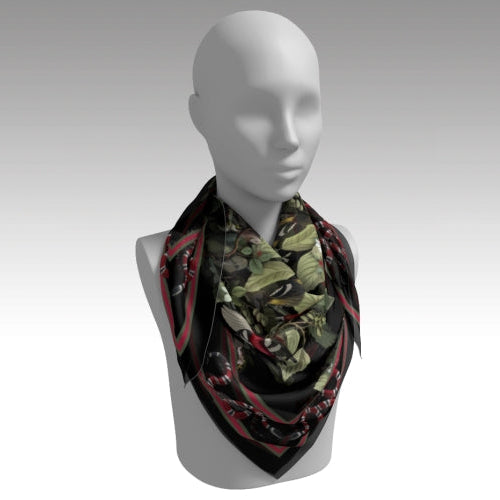 Mannequin wearing a patterned scarf on a plain background