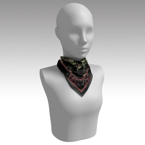 Mannequin wearing a patterned bandana on a plain background