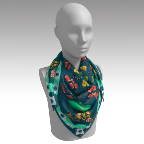 Mannequin wearing a colorful floral scarf on a plain background