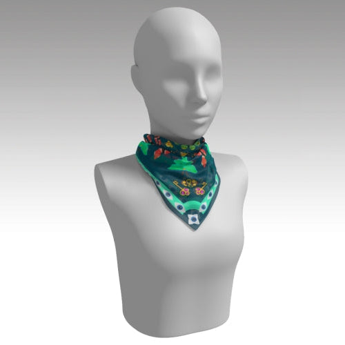 Mannequin wearing a colorful bandana on a plain background