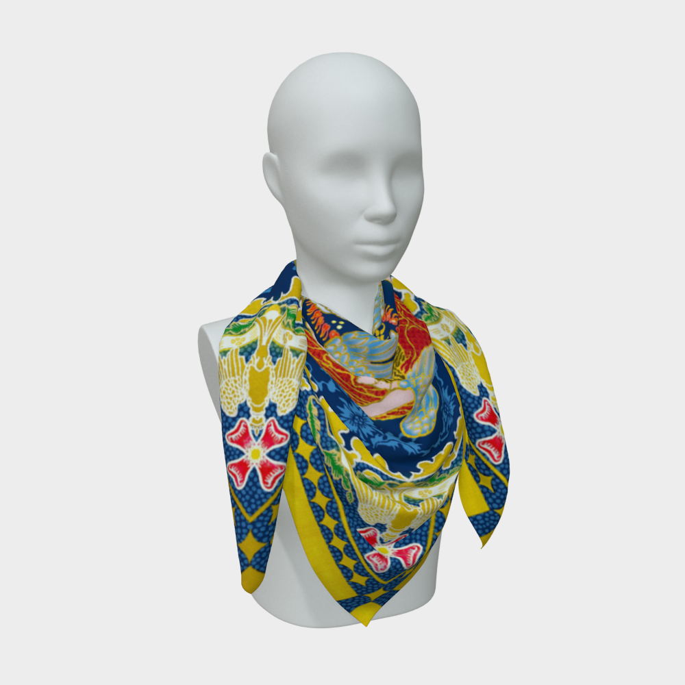 Mannequin wearing a colorful scarf with a floral pattern on a white background
