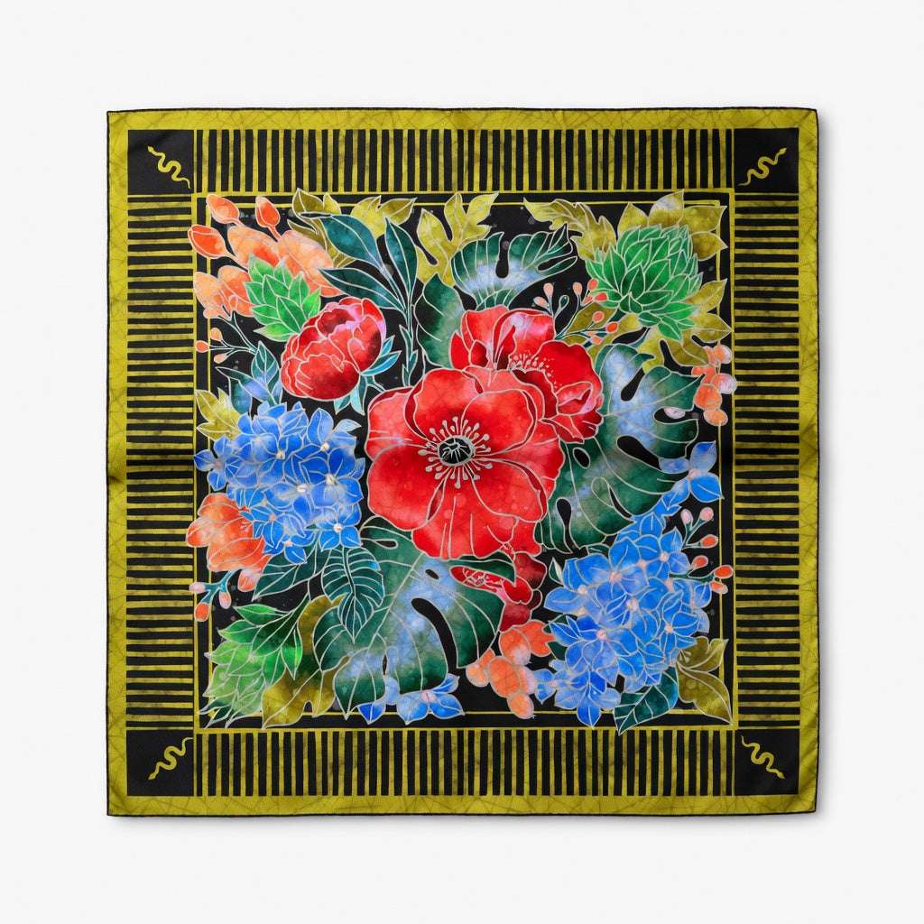 Decorative square piece with floral design on a black border