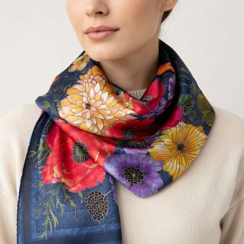 Person wearing a colorful floral scarf on a plain background