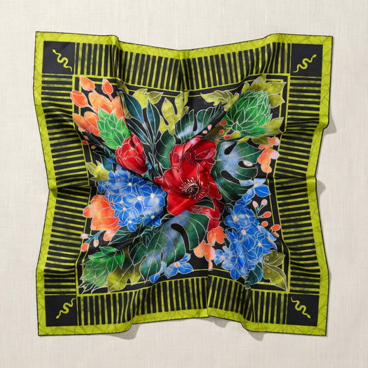 Colorful floral design on a black and green border against a beige background