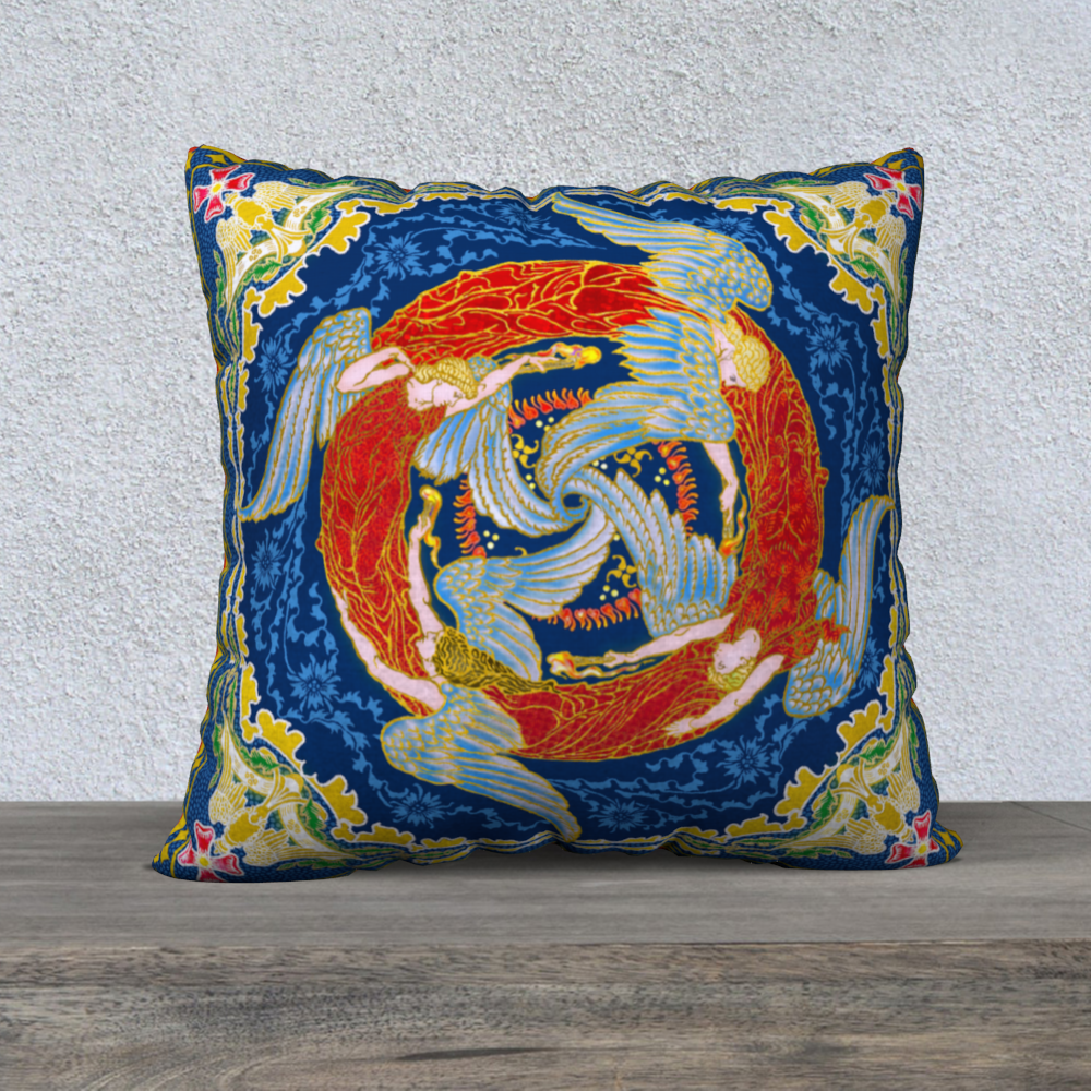Decorative pillow with intricate design on a wooden surface and light gray background
