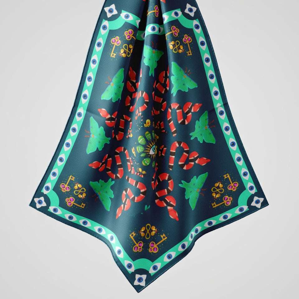 Colorful scarf with a geometric pattern on a light gray background