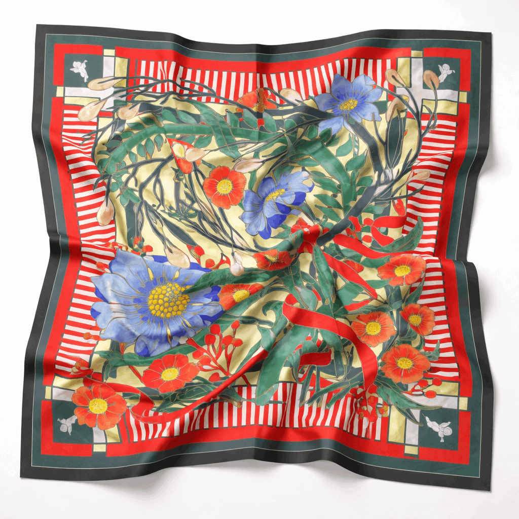 Floral patterned scarf with red border on a white background
