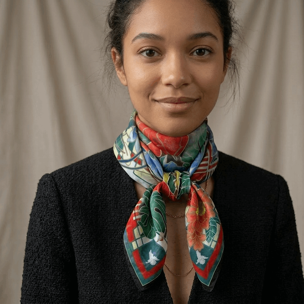 Woman wearing a colorful scarf with a neutral background