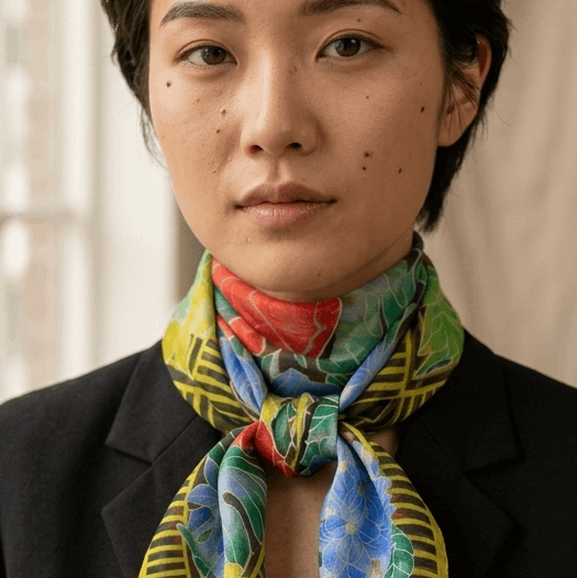 Person wearing a colorful scarf with a neutral background