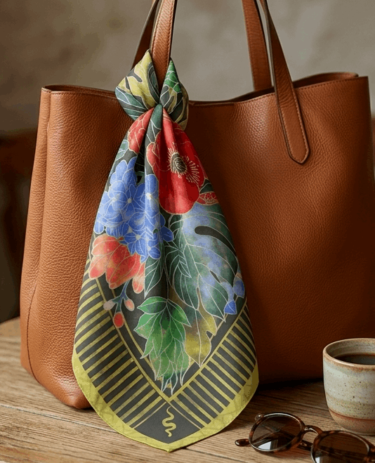 Brown leather tote bag with a colorful floral scarf draped over it on a wooden surface.