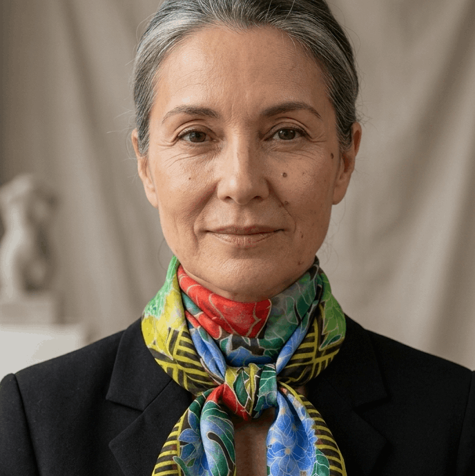 Woman wearing a colorful scarf with a neutral background