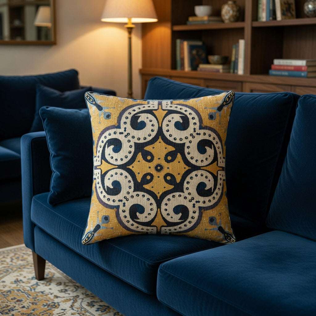 Decorative pillow with a yellow and blue pattern on a blue sofa in a living room setting.