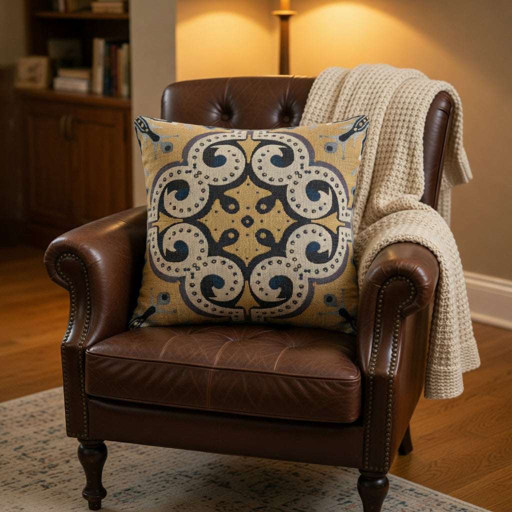 Brown leather armchair with a decorative pillow and blanket in a cozy room.