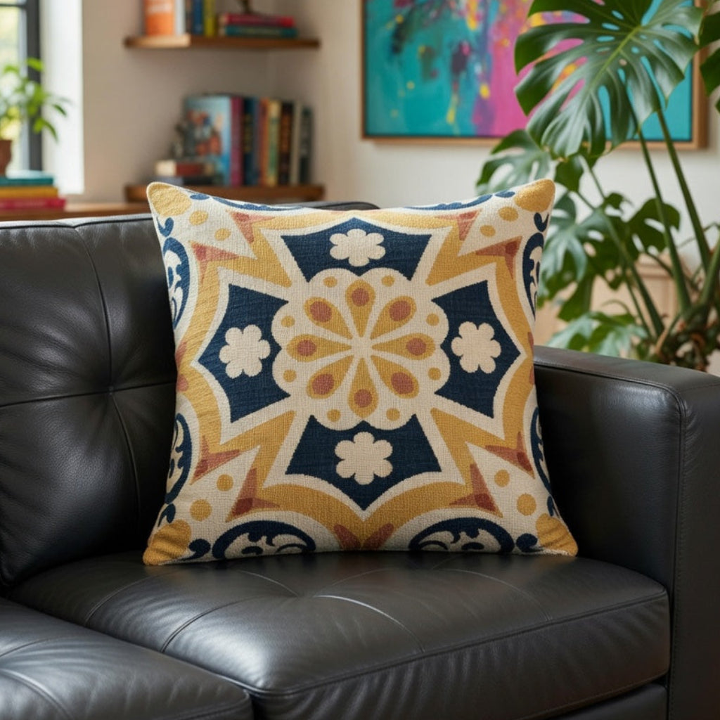 Decorative pillow on a black leather sofa with a colorful abstract painting in the background.