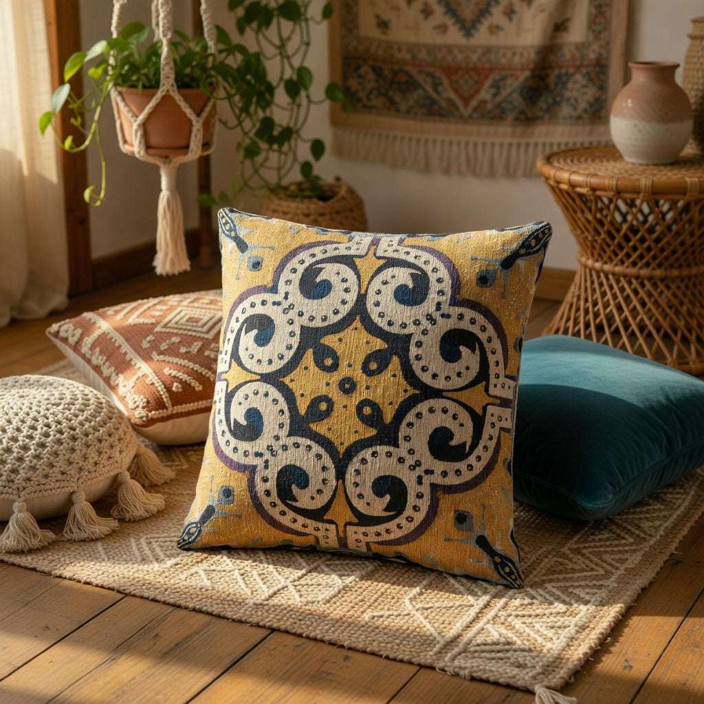 Decorative pillow with intricate pattern on a wooden floor with plants and a rug.