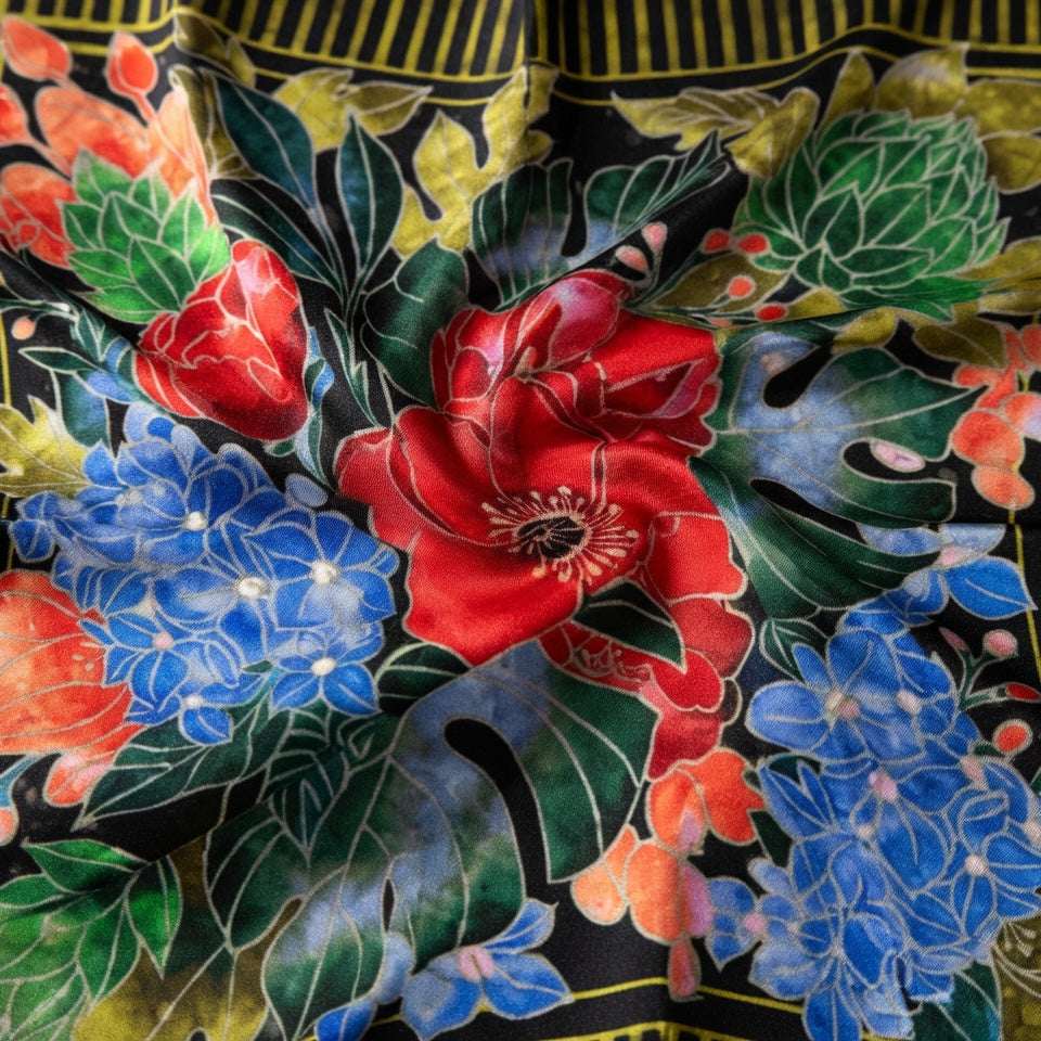Close-up of a fabric with colorful floral pattern on a black background