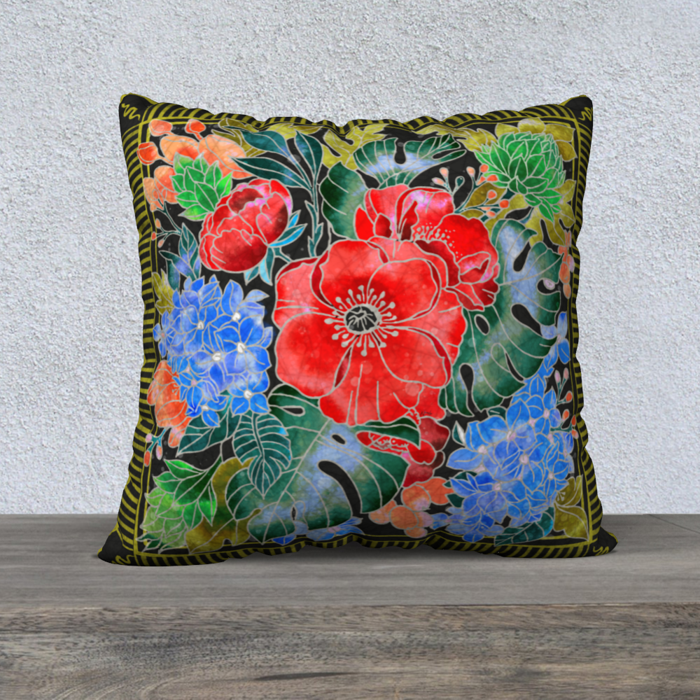 Decorative pillow with floral design on a wooden surface and light gray background