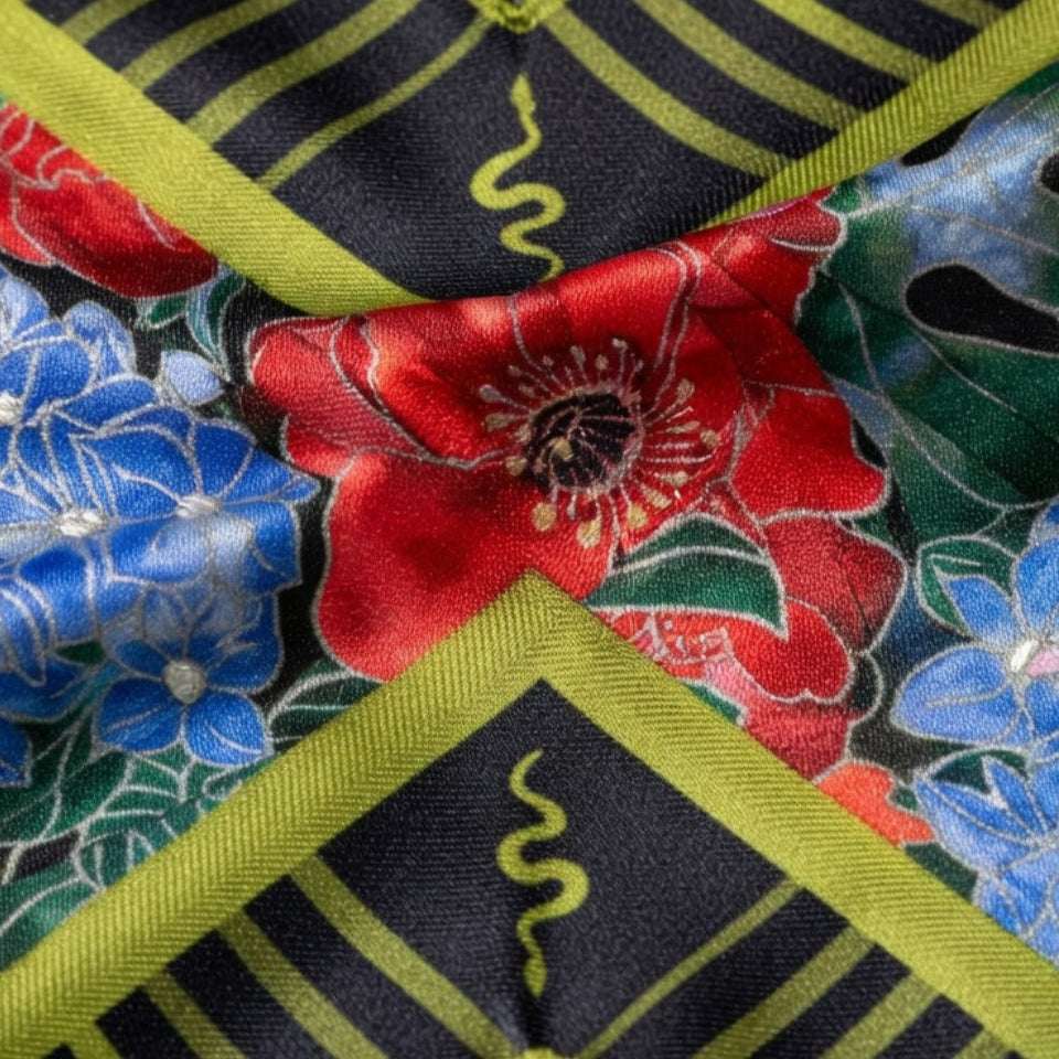 Close-up of a fabric with floral patterns and striped borders