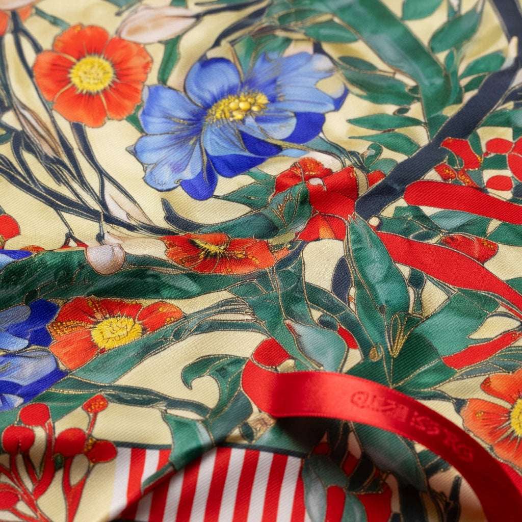 Close-up of floral fabric with red ribbons and colorful flowers