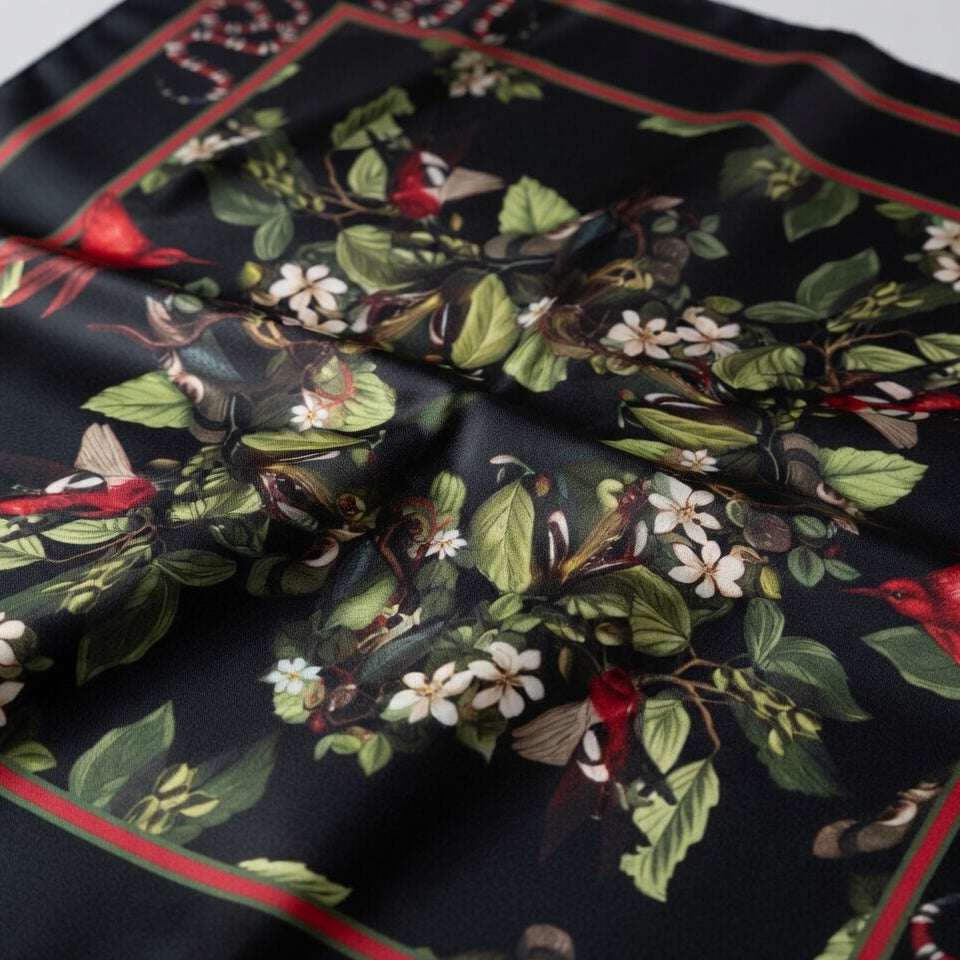 Floral and bird patterned fabric with red accents on a black background
