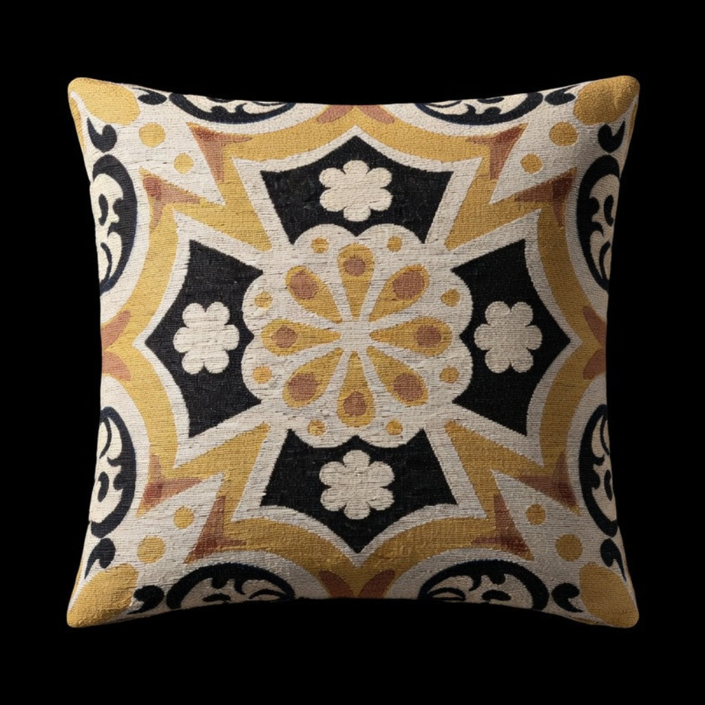 Decorative pillow with a geometric pattern on a black background