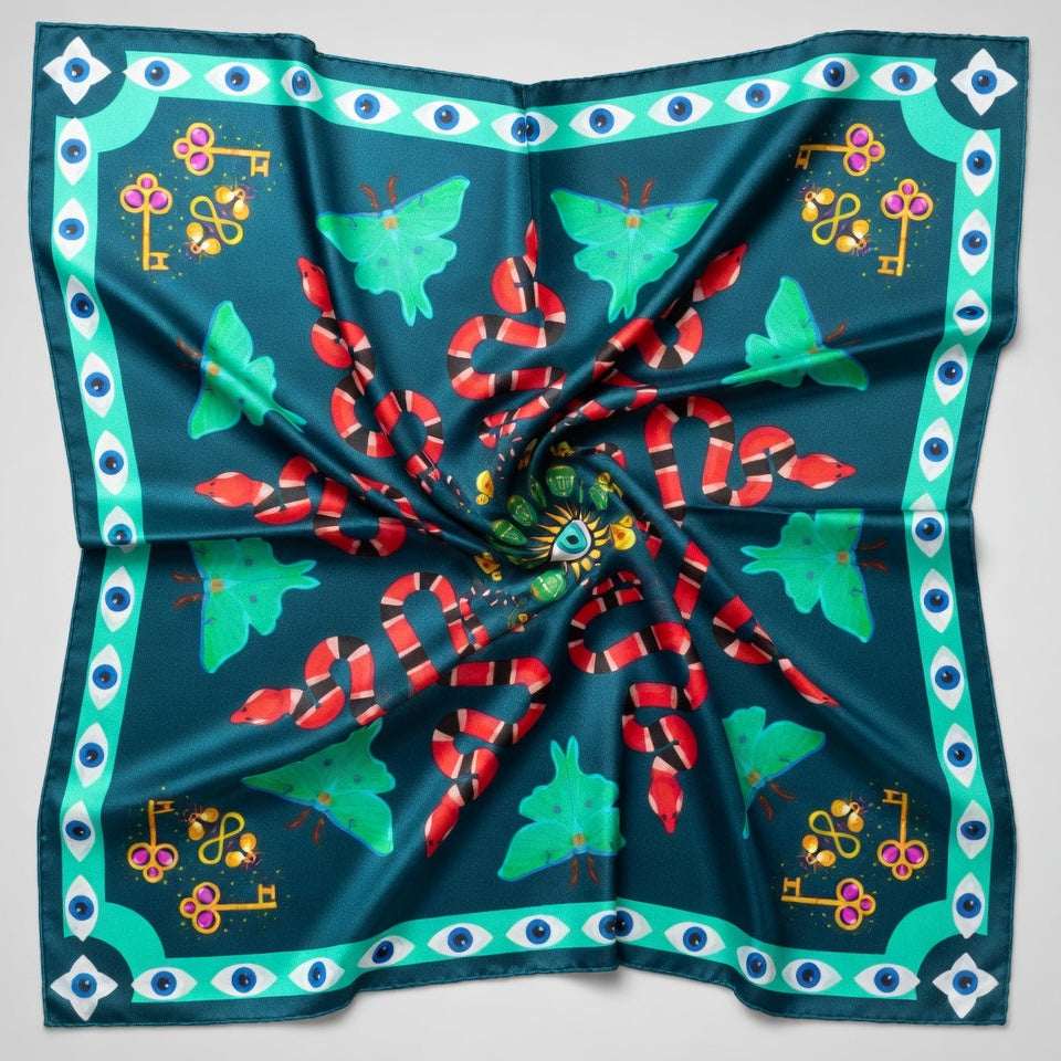 Colorful scarf with decorative patterns on a plain background